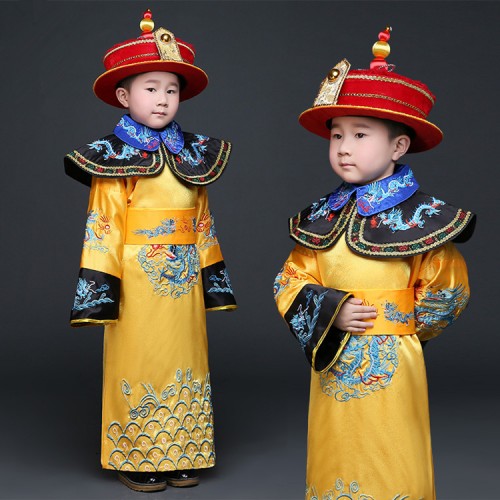 Boy's chinese folk dance costumes children ancient traditional china qing dynasty emperor stage drama photography cosplay dress dragon robes